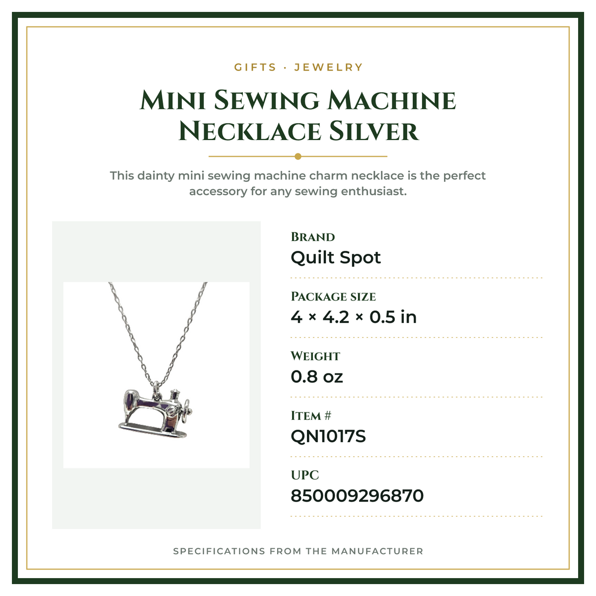 Product Specifications – Mini Sewing Machine Necklace Silver