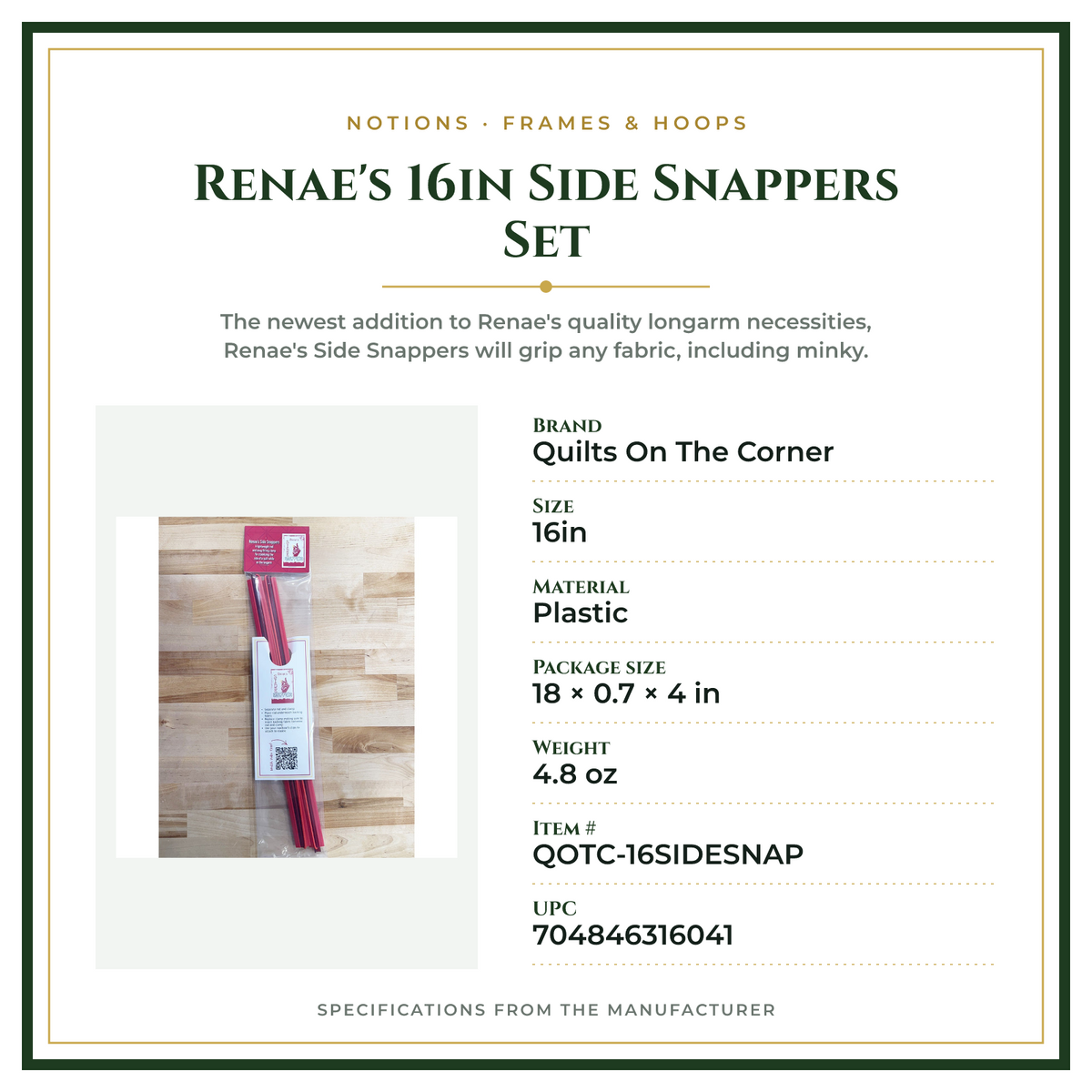 Product Specifications – Renae's 16in Side Snappers Set