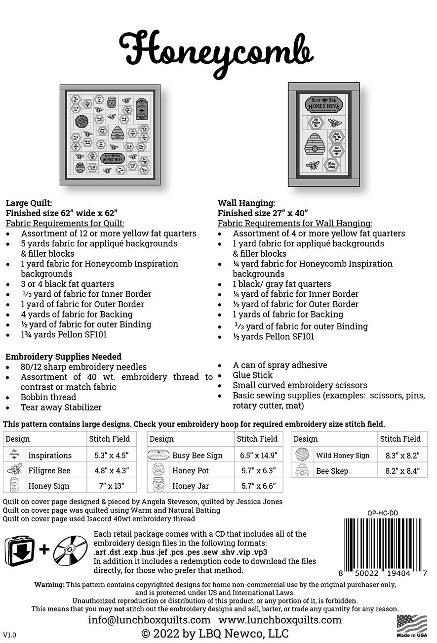 Honeycomb Applique Machine Embroidery Quilt Pattern with Redemption Code and CD