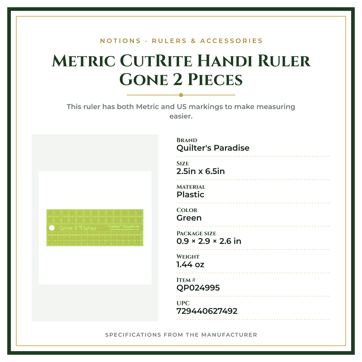 Product Specifications – Metric CutRite Handi Ruler Gone 2 Pieces