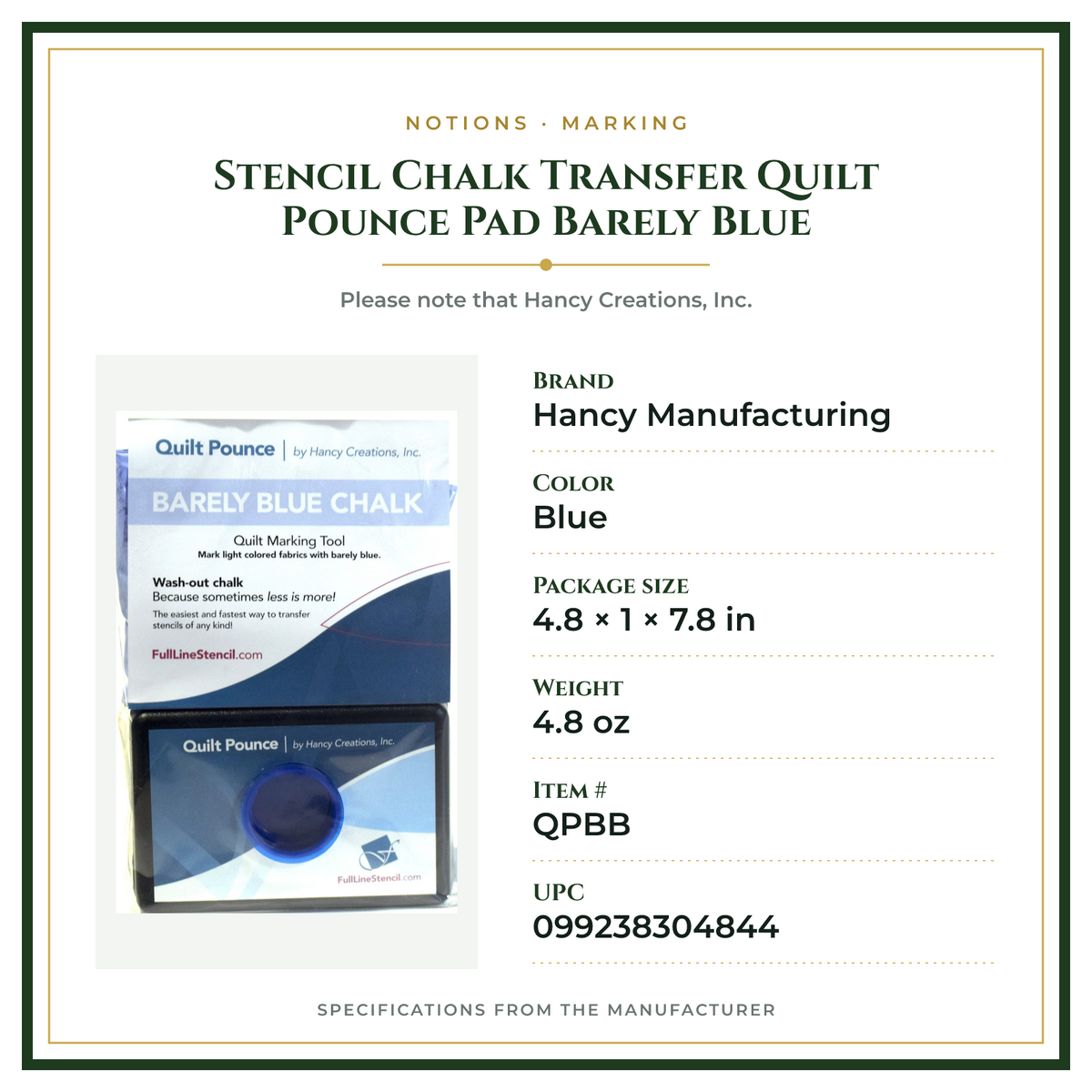 Product Specifications – Stencil Chalk Transfer Quilt Pounce Pad Barely Blue