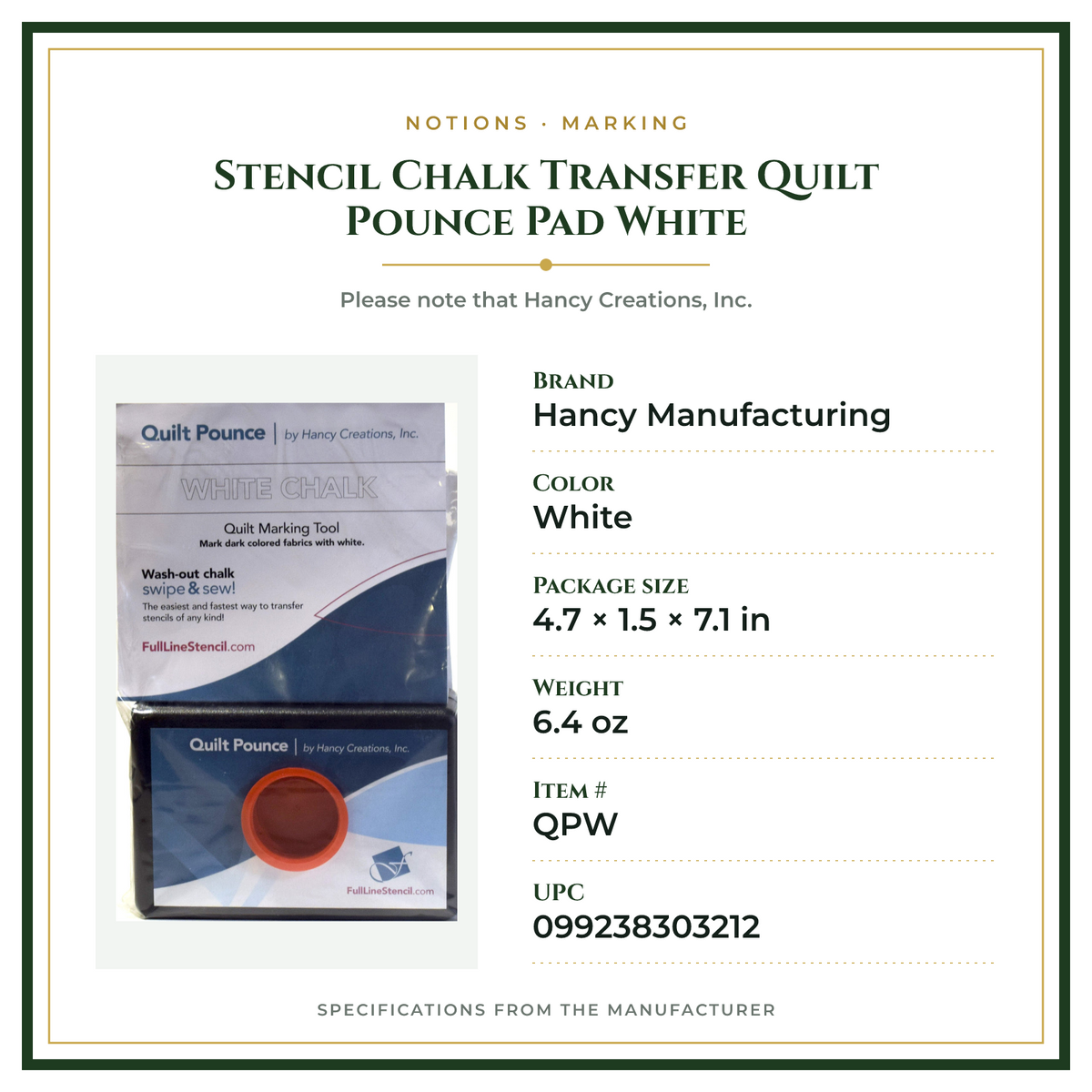 Product Specifications – Stencil Chalk Transfer Quilt Pounce Pad White