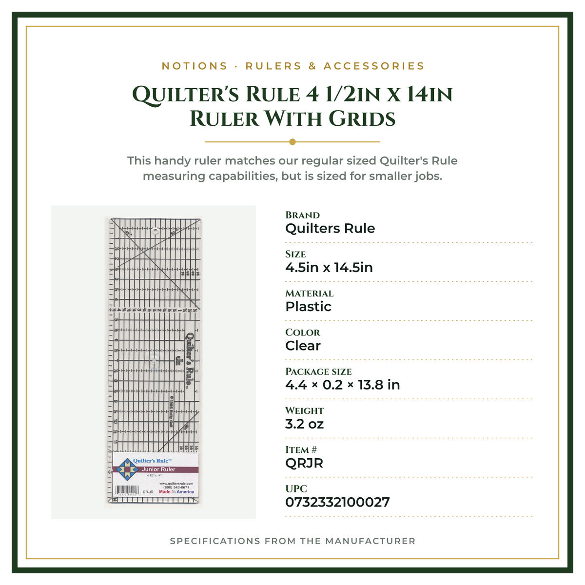 Product Specifications – Quilter's Rule 4 1/2in x 14in Ruler With Grids