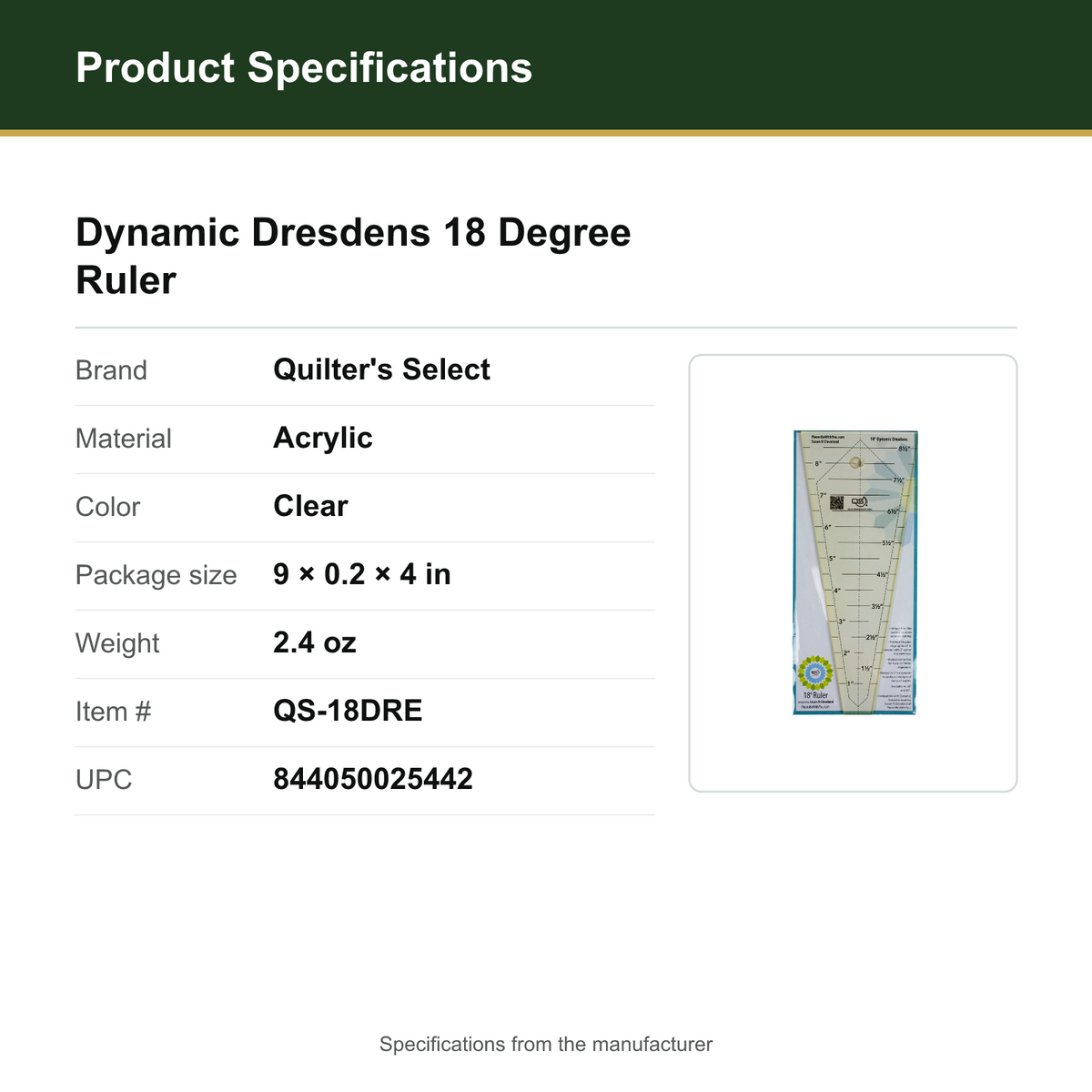 Product Specifications – Dynamic Dresdens 18 Degree Ruler