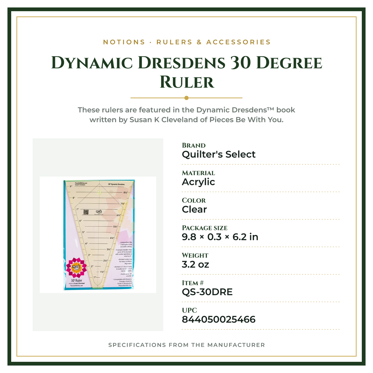 Product Specifications – Dynamic Dresdens 30 Degree Ruler