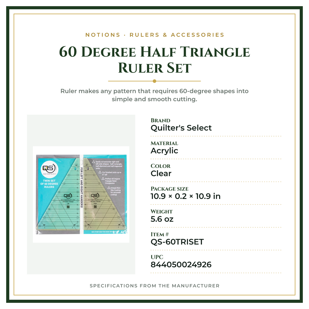 Product Specifications – 60 Degree Half Triangle Ruler Set