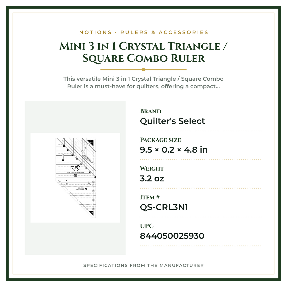 Product Specifications – Mini 3 in 1 Crystal Triangle / Square Combo Ruler
