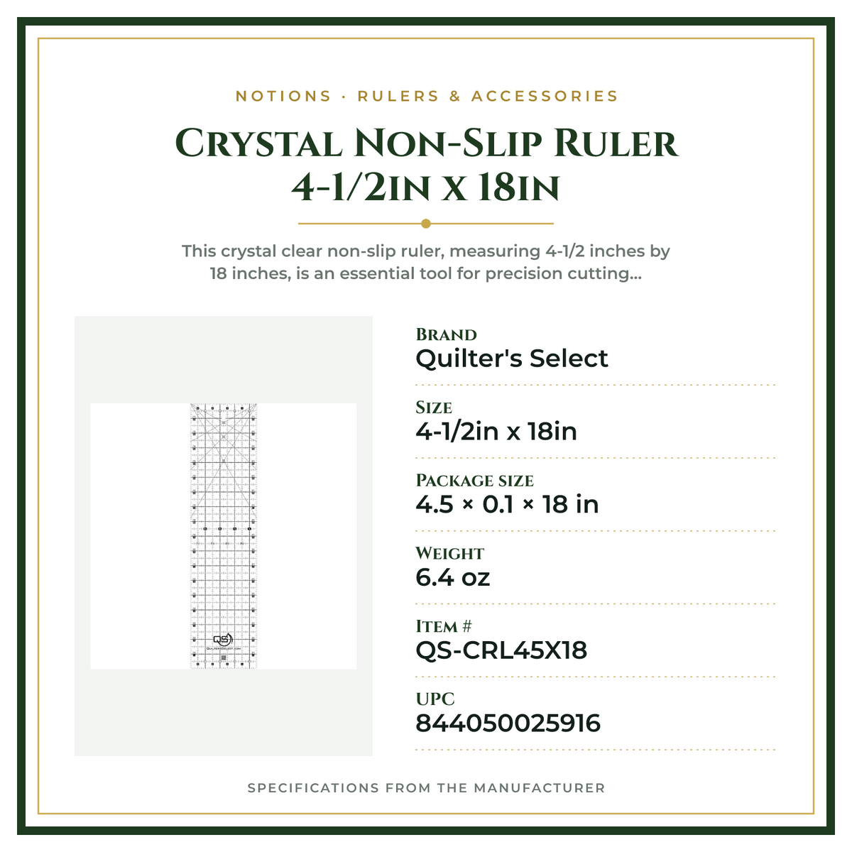 Product Specifications – Crystal Non-Slip Ruler 4-1/2in x 18in