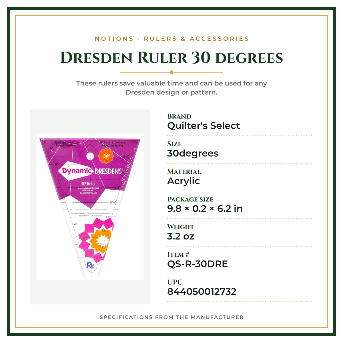 Product Specifications – Dresden Ruler 30 degrees