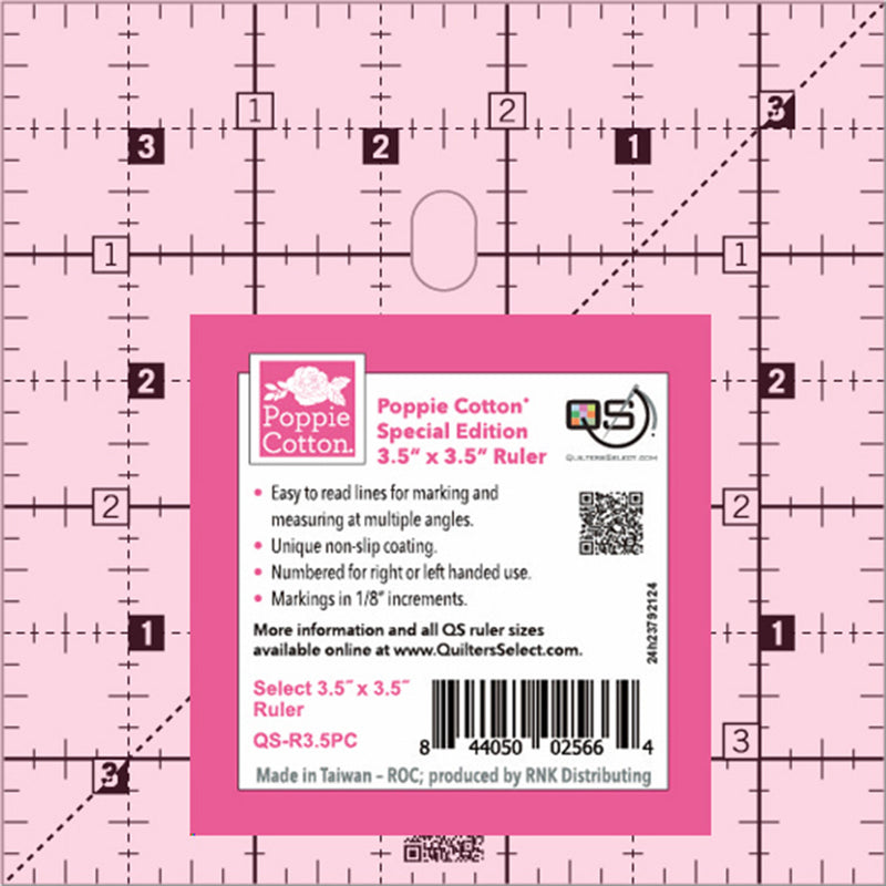 Quilter's Select Pink Poppie Cotton Non-Slip Ruler 3-1/2in x 3-1/2in