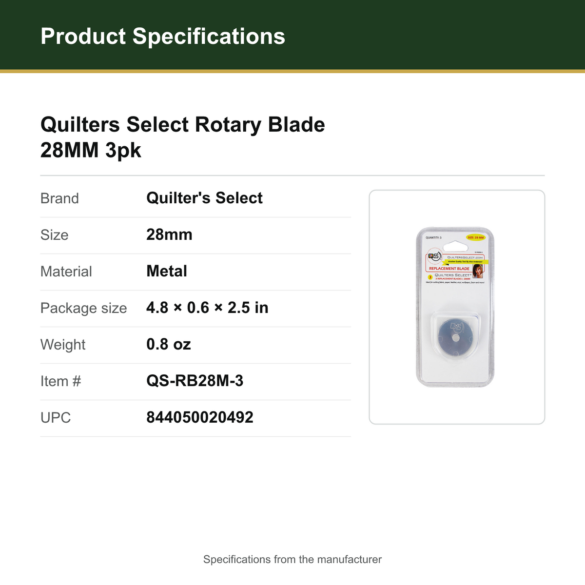 Product Specifications – Quilters Select Rotary Blade 28MM 3pk