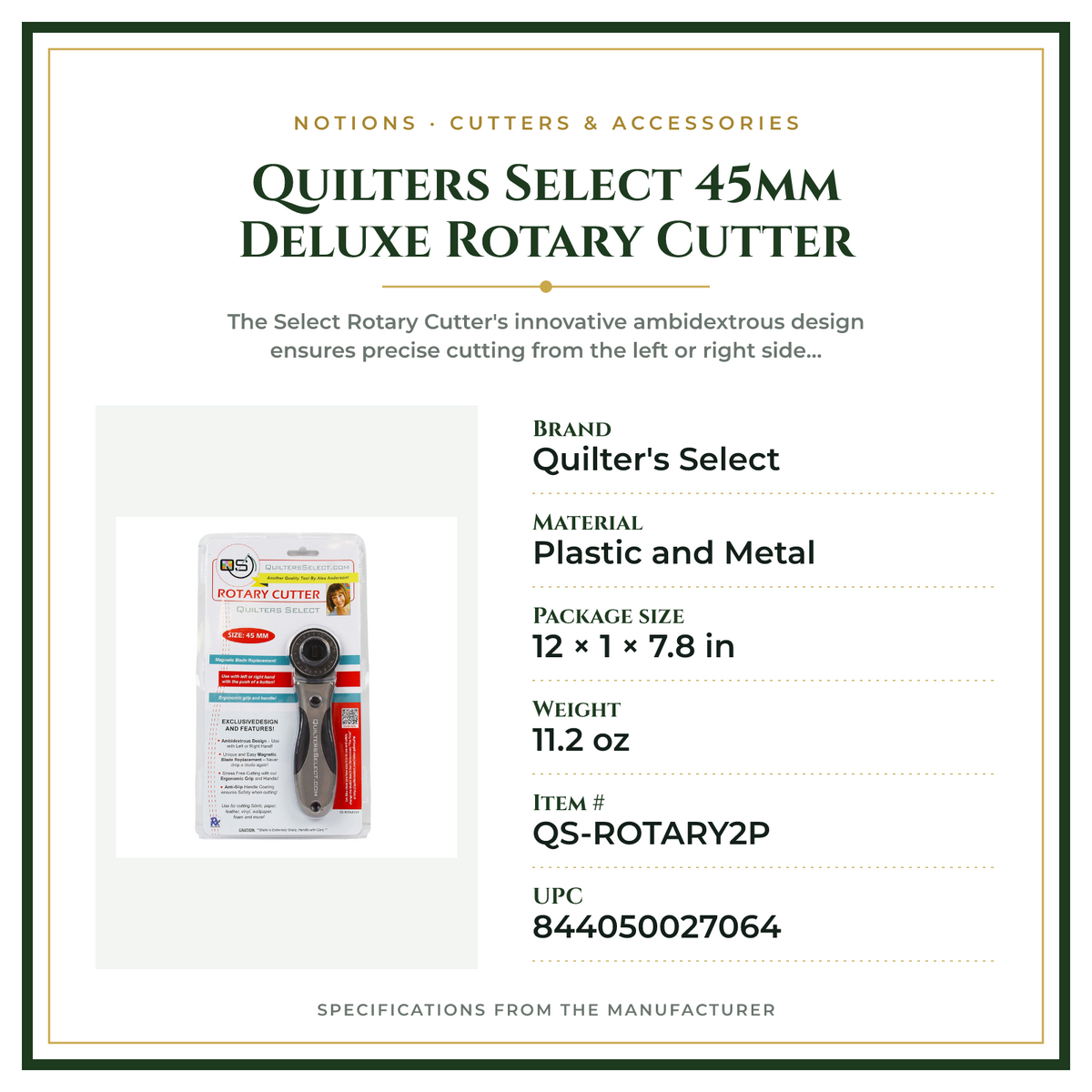 Product Specifications – Quilters Select 45mm Deluxe Rotary Cutter
