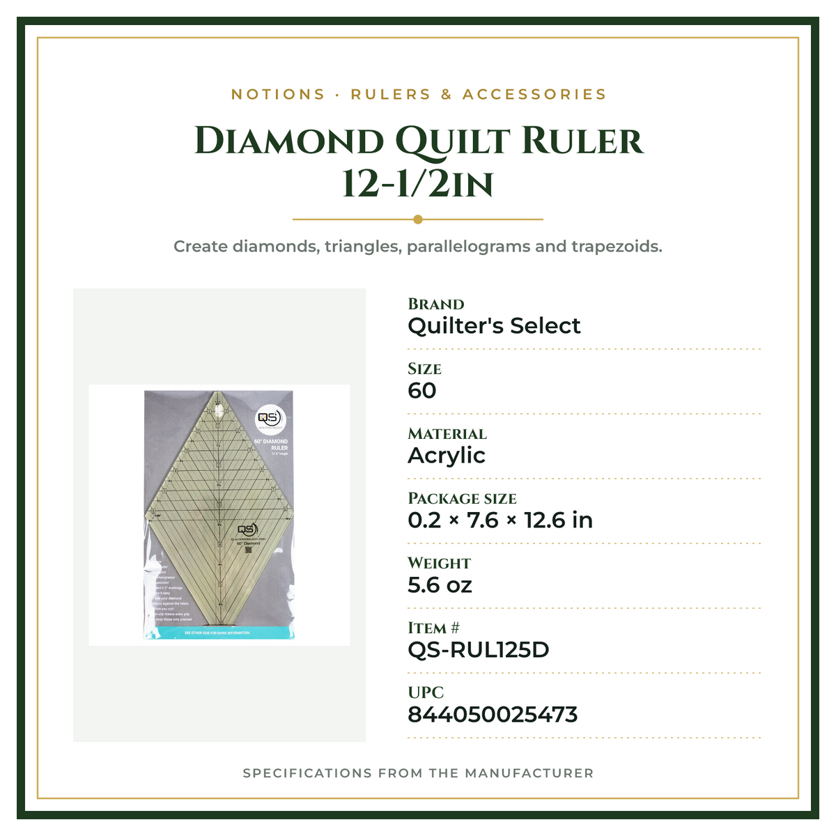 Product Specifications – Diamond Quilt Ruler 12-1/2in