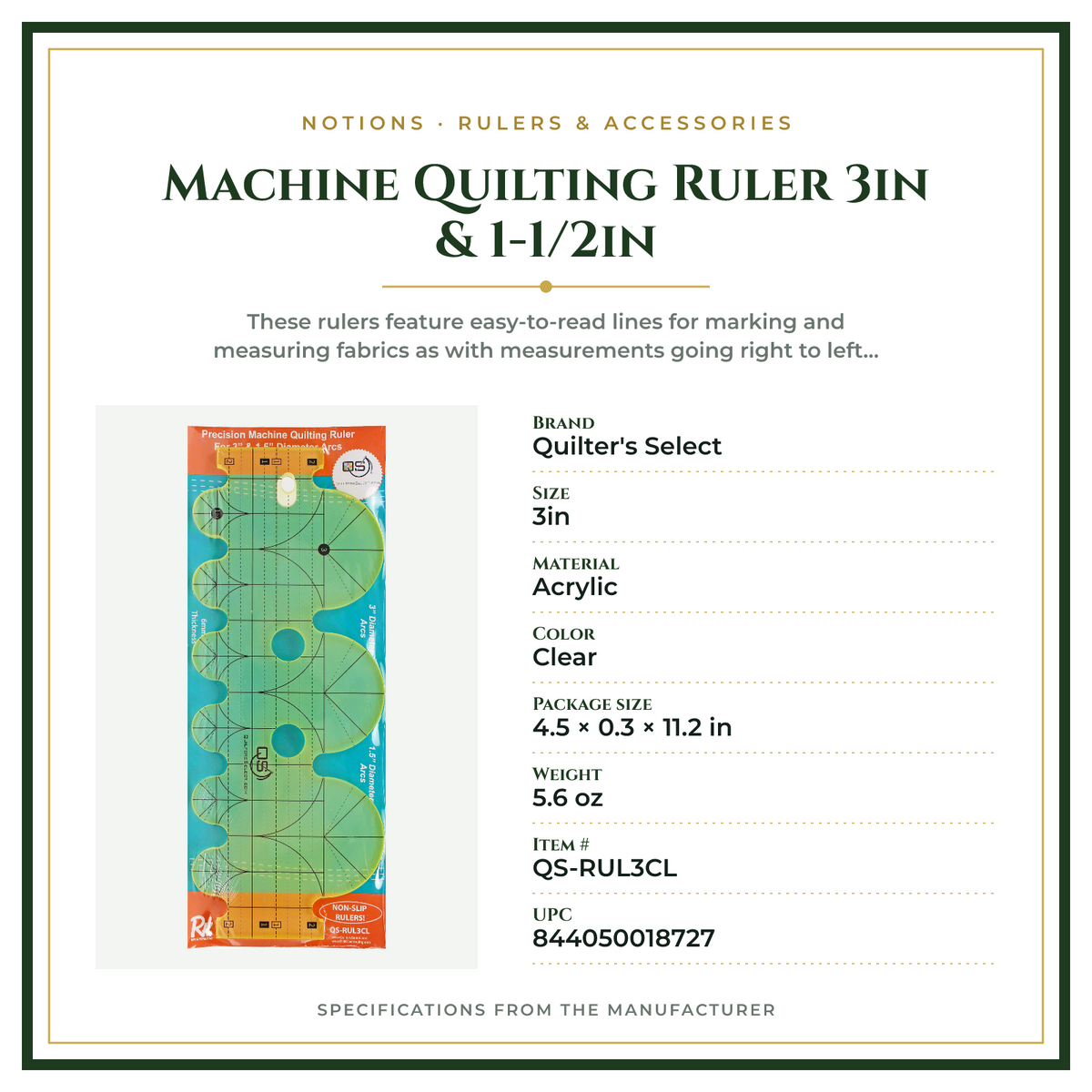 Product Specifications – Machine Quilting Ruler 3in & 1-1/2in
