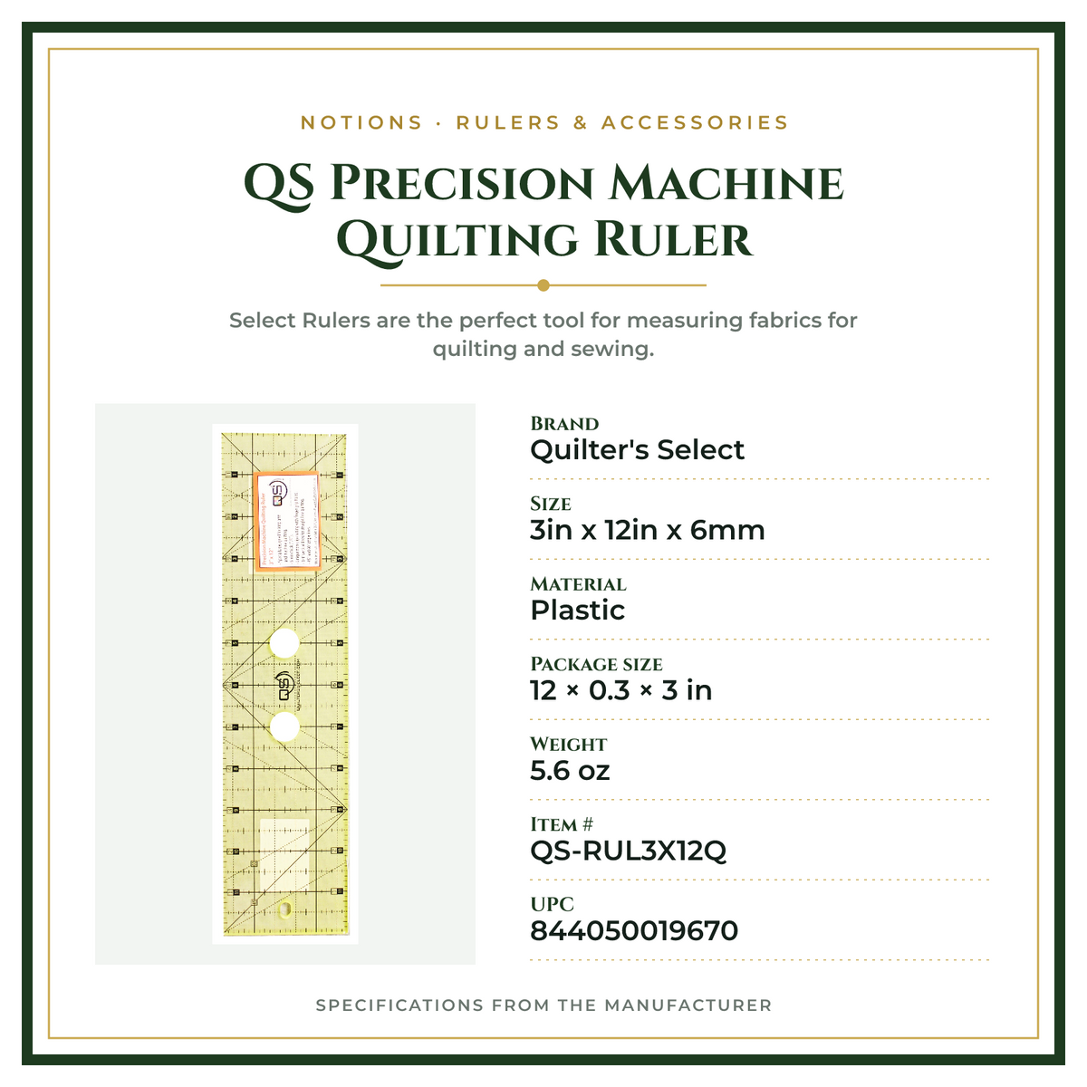 Product Specifications – QS Precision Machine Quilting Ruler