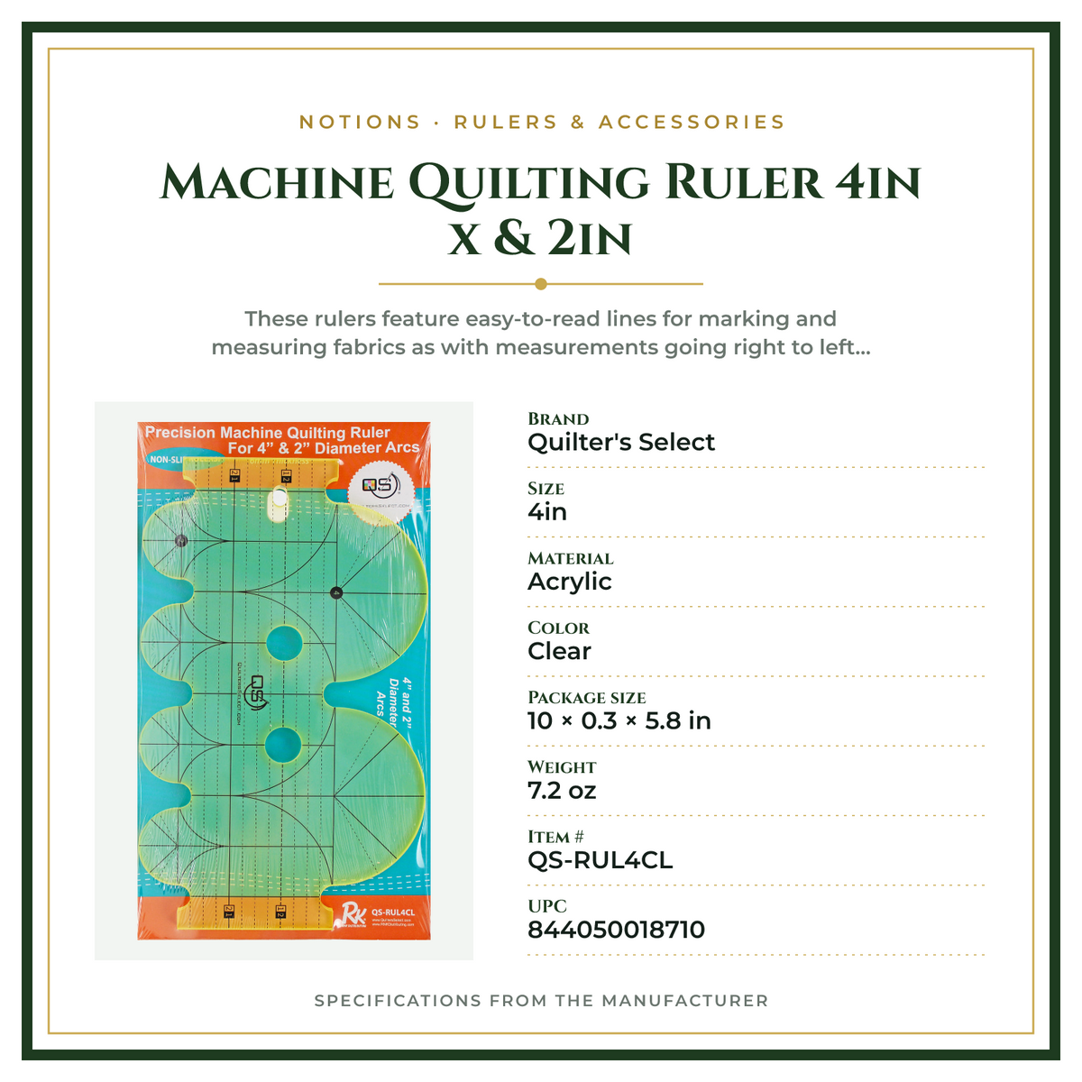 Product Specifications – Machine Quilting Ruler 4in x & 2in