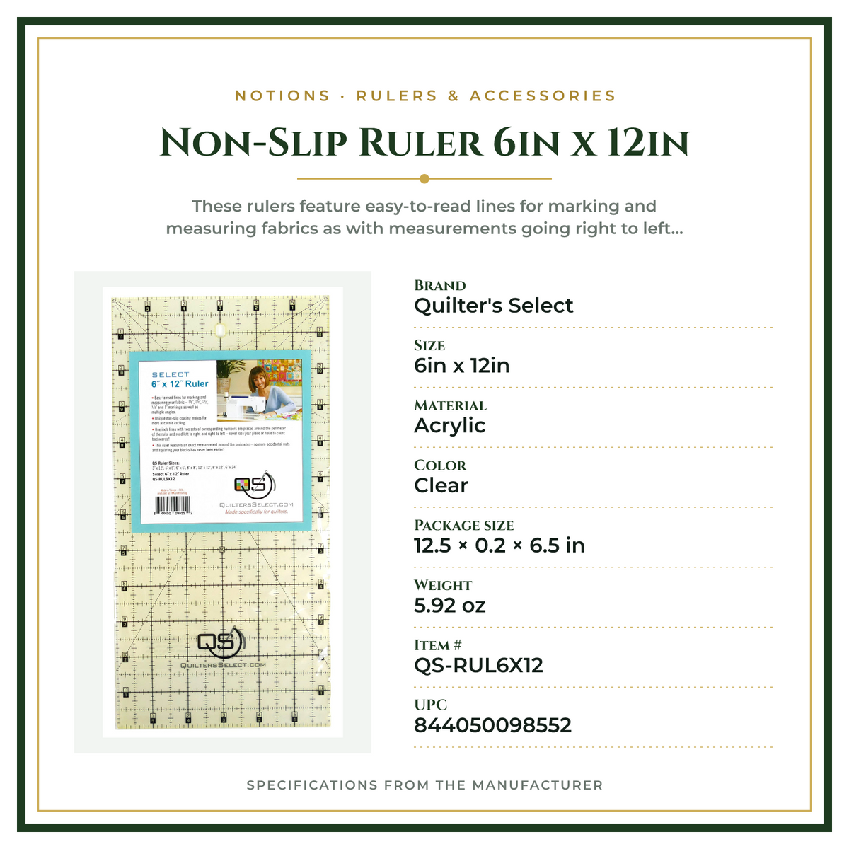 Product Specifications – Non-Slip Ruler 6in x 12in