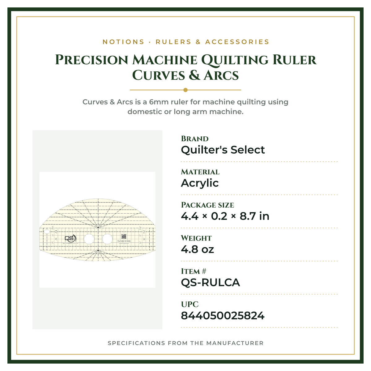 Product Specifications – Precision Machine Quilting Ruler Curves & Arcs