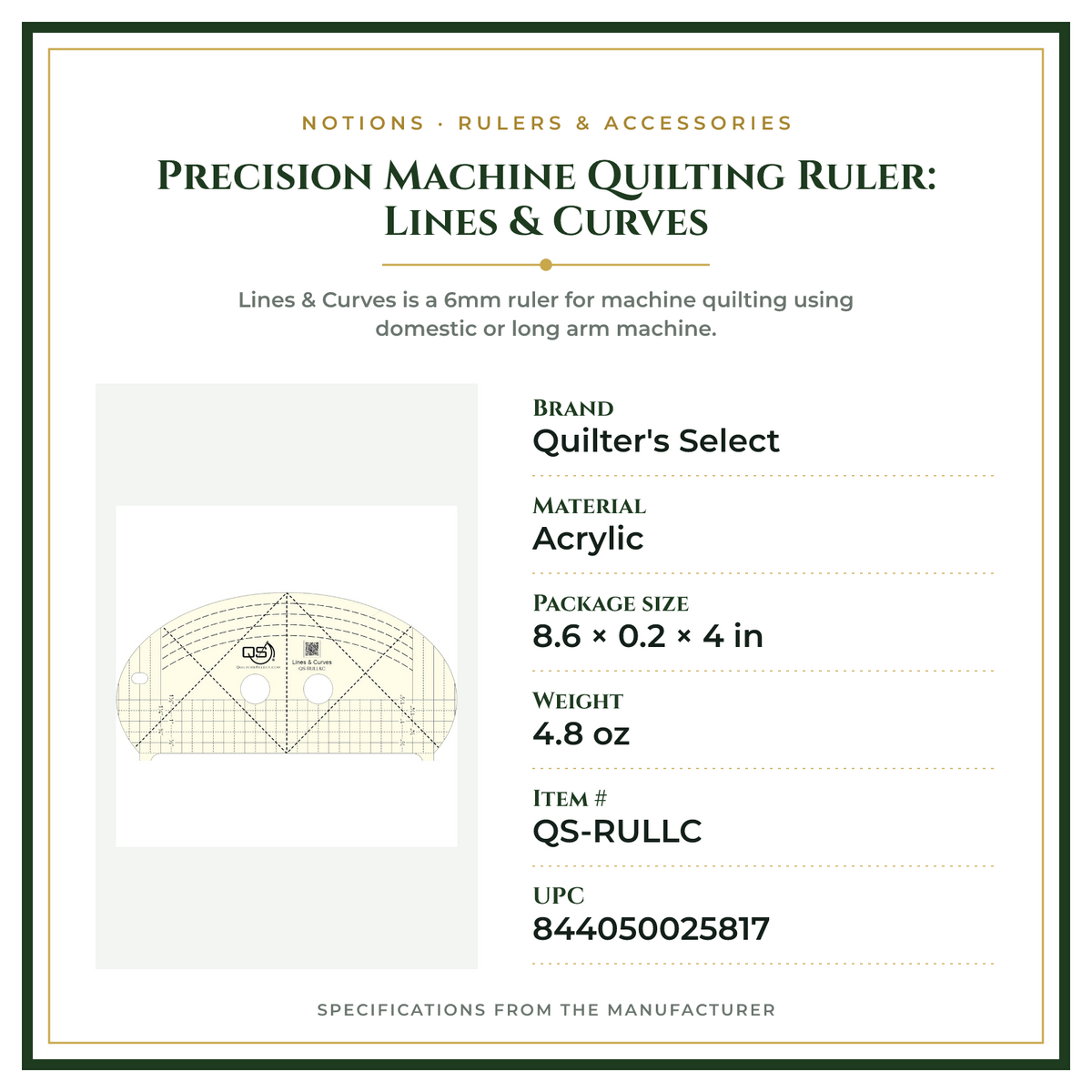 Product Specifications – Precision Machine Quilting Ruler: Lines & Curves