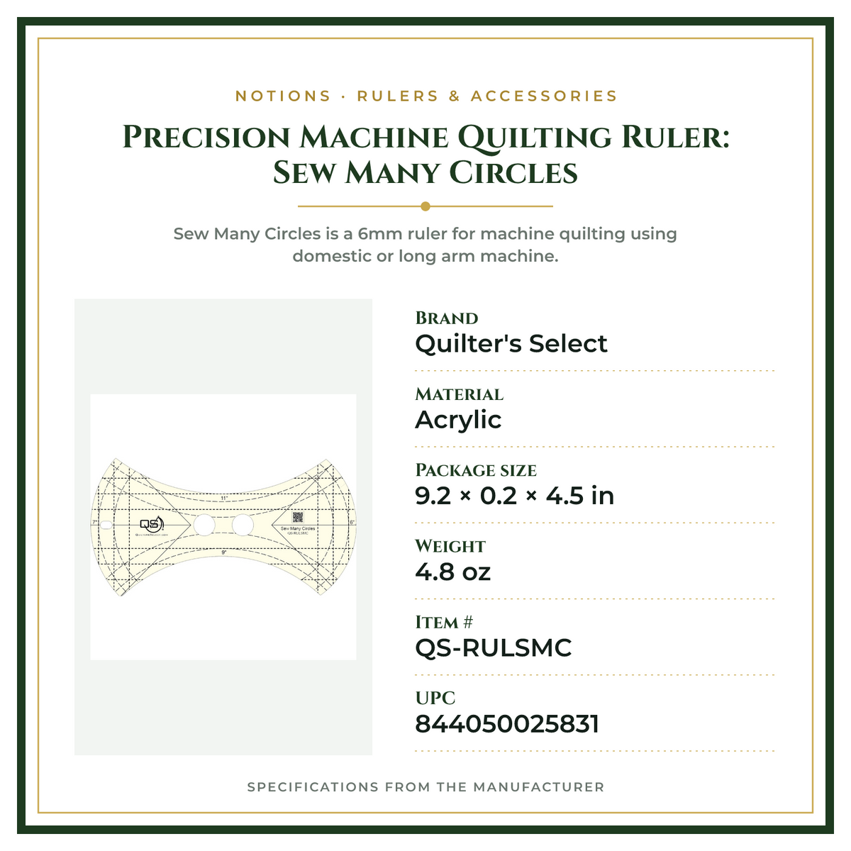 Product Specifications – Precision Machine Quilting Ruler: Sew Many Circles