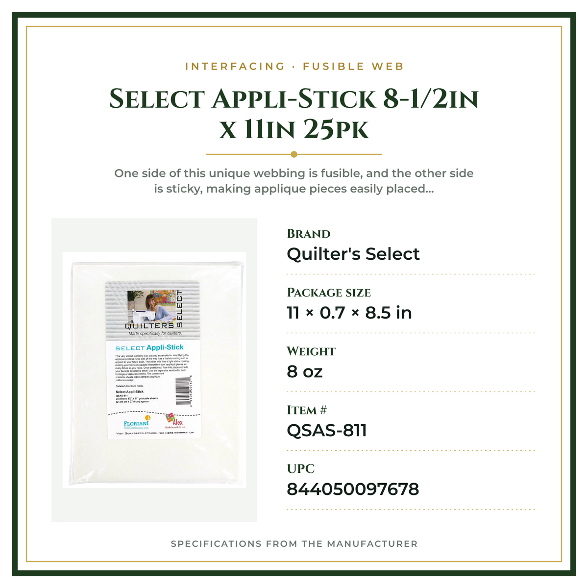 Product Specifications – Select Appli-Stick 8-1/2in x 11in 25pk