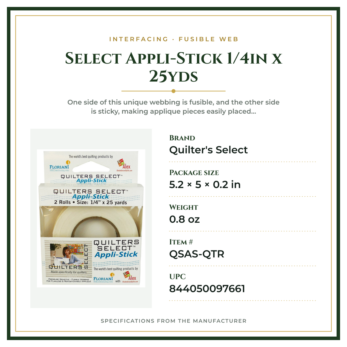Product Specifications – Select Appli-Stick 1/4in x 25yds