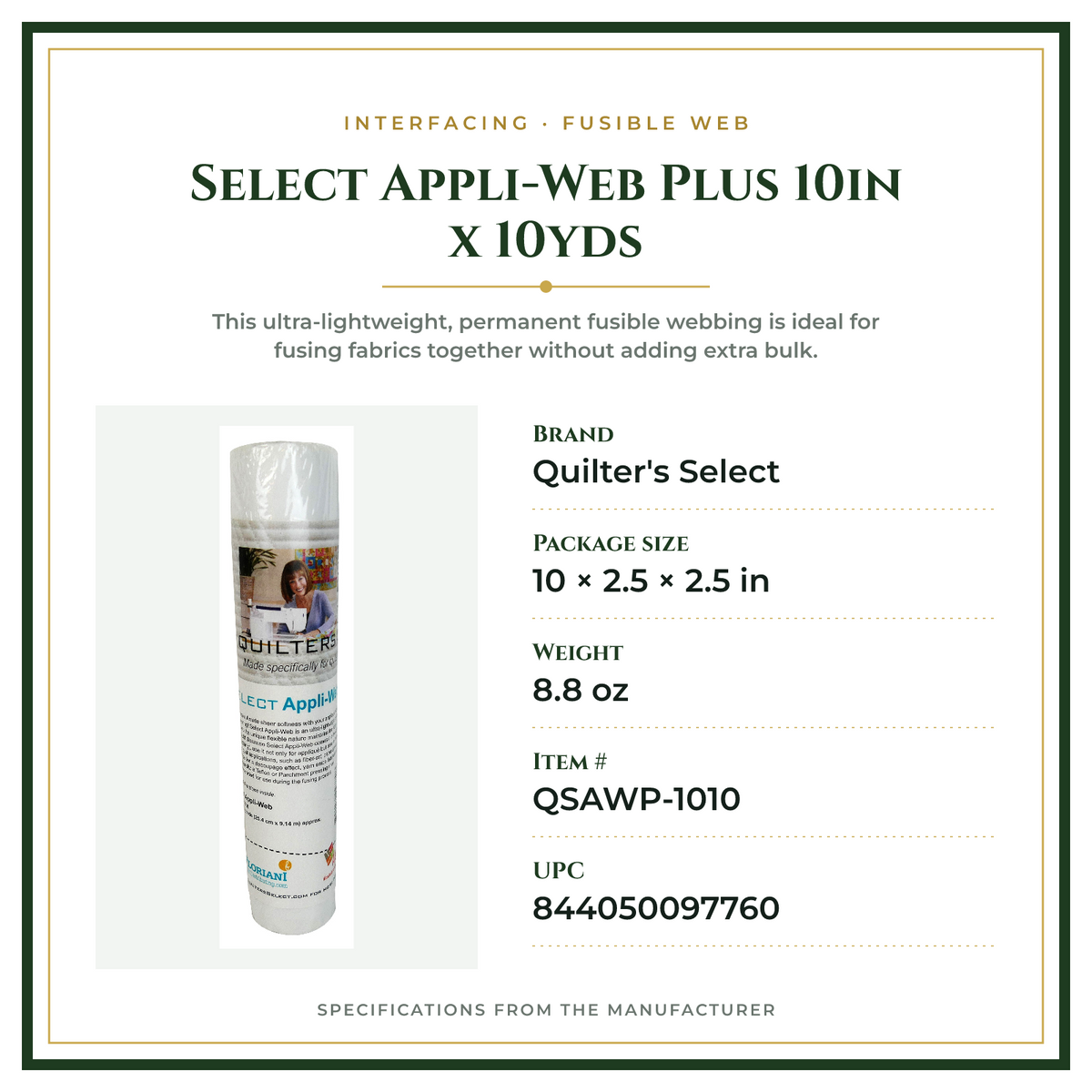 Product Specifications – Select Appli-Web Plus 10in x 10yds