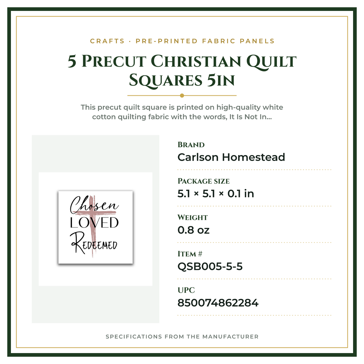 Product Specifications – 5 Precut Christian Quilt Squares 5in