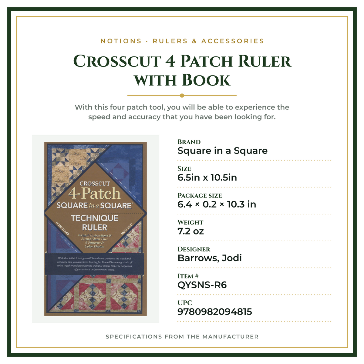 Product Specifications – Crosscut 4 Patch Ruler with Book