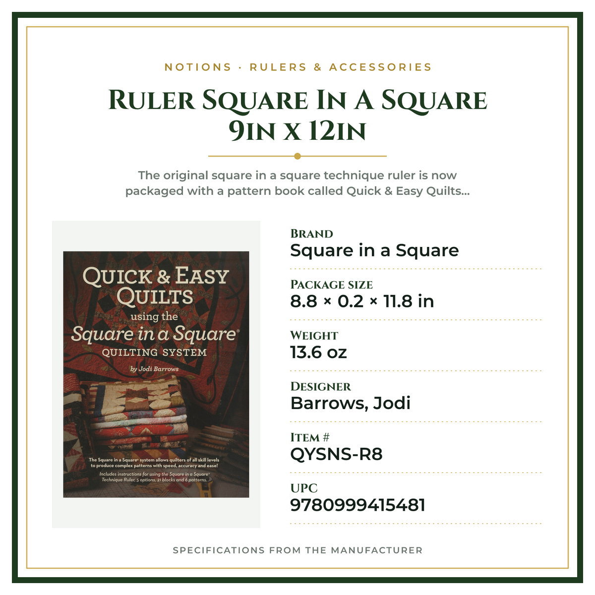 Product Specifications – Ruler Square In A Square 9in x 12in