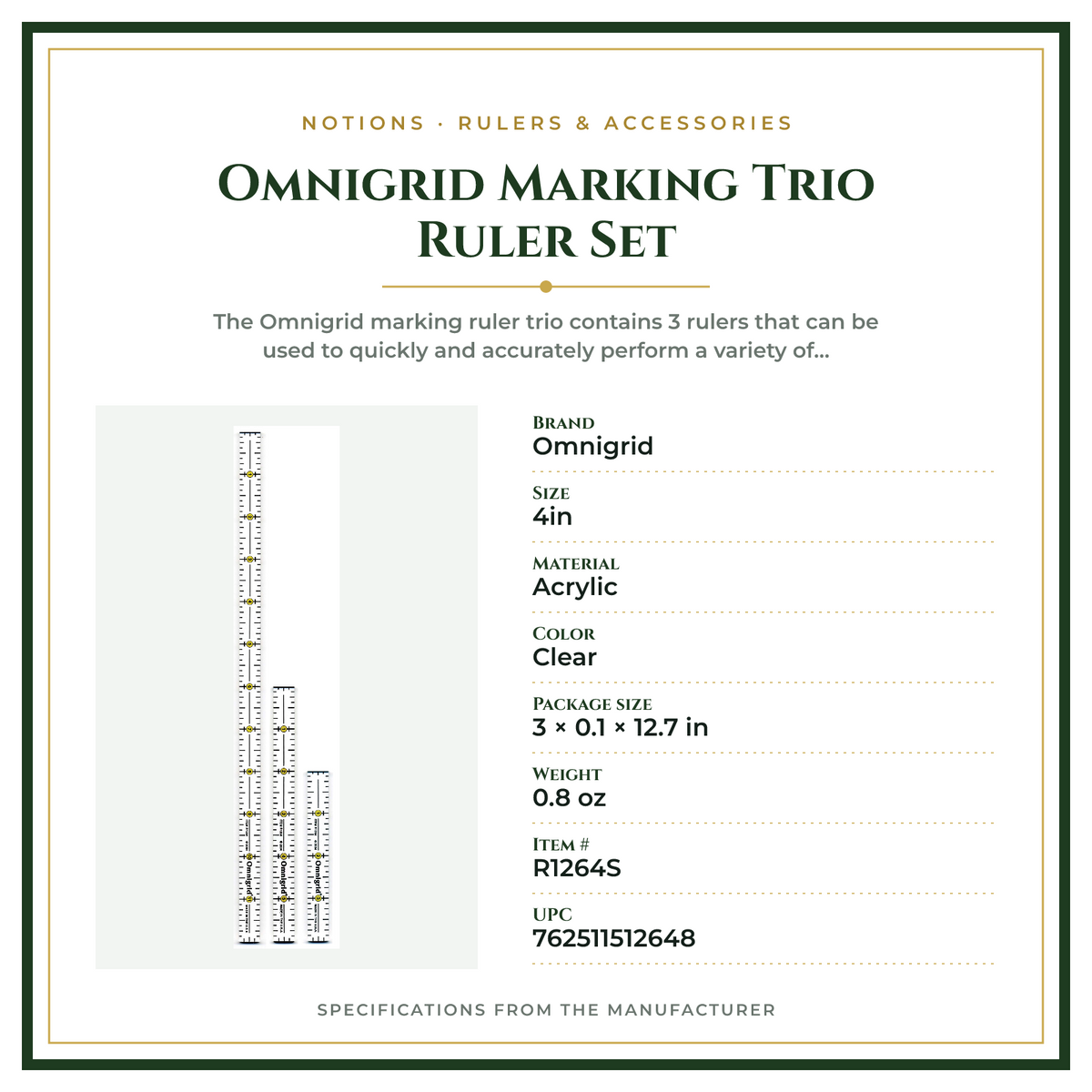 Product Specifications – Omnigrid Marking Trio Ruler Set