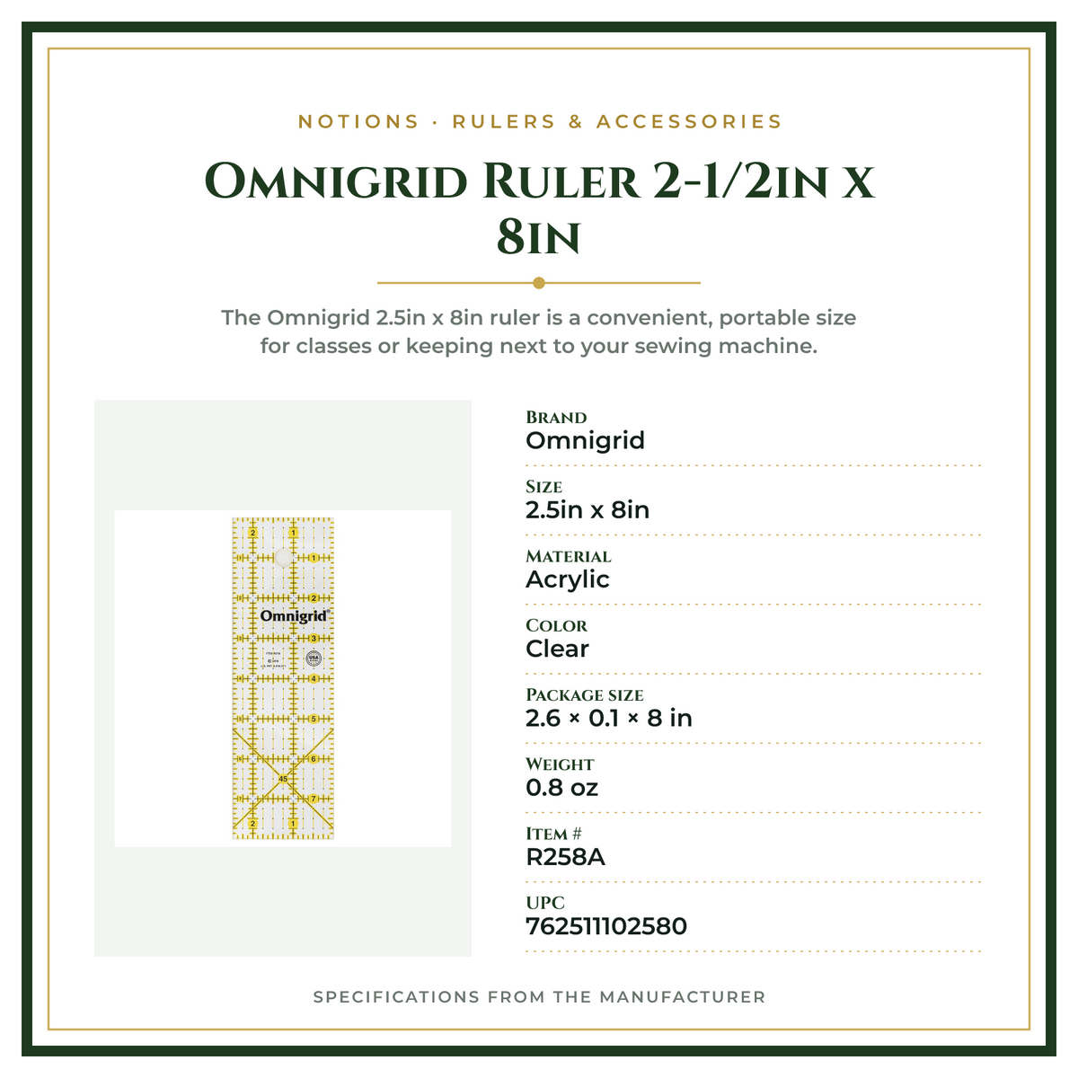 Product Specifications – Omnigrid Ruler 2-1/2in x 8in