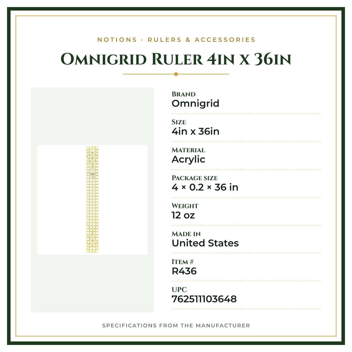 Product Specifications – Omnigrid Ruler 4in x 36in