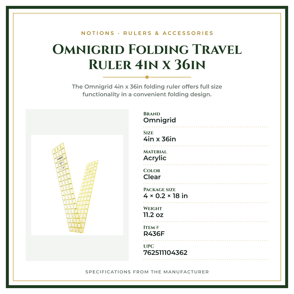 Product Specifications – Omnigrid Folding Travel Ruler 4in x 36in