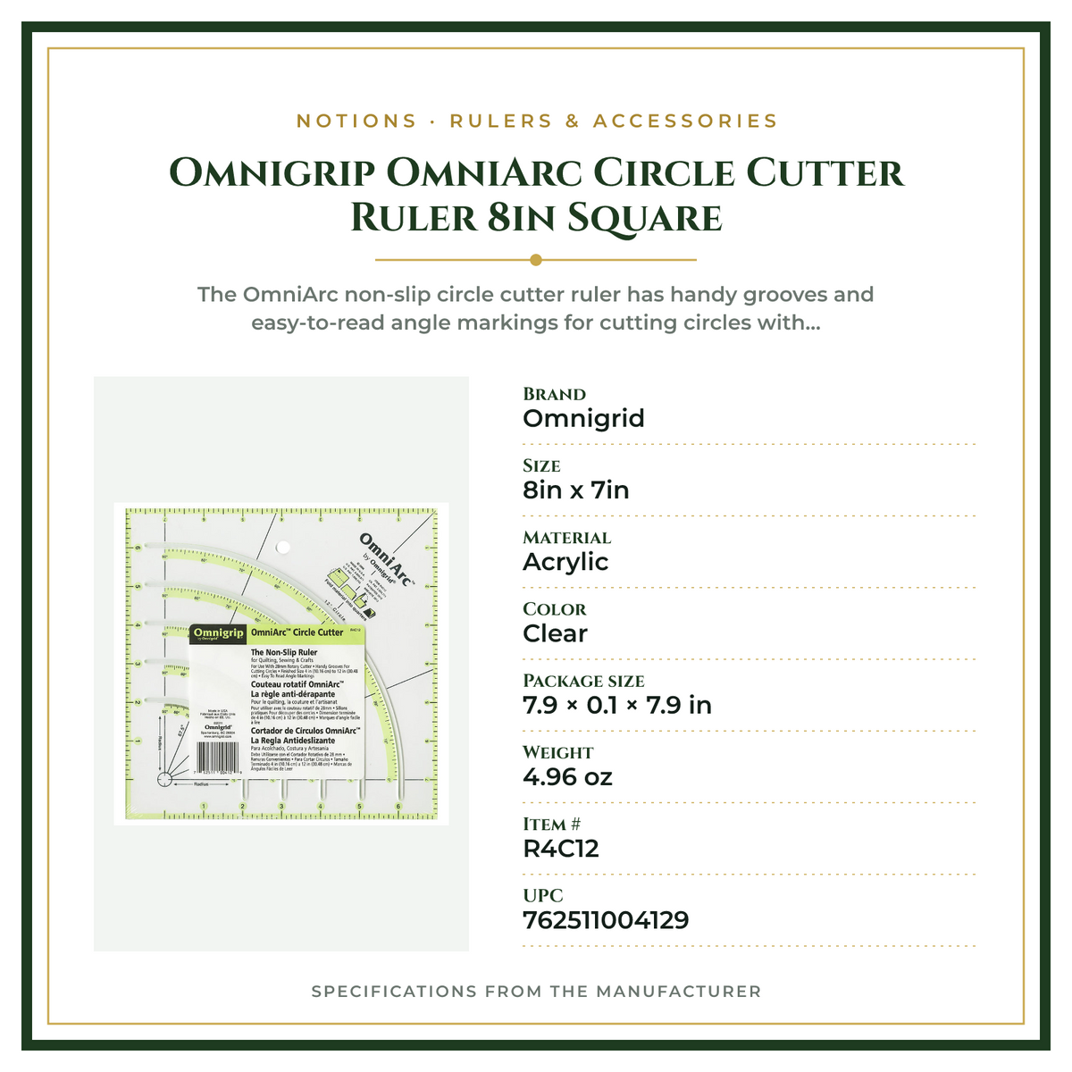 Product Specifications – Omnigrip OmniArc Circle Cutter Ruler 8in Square