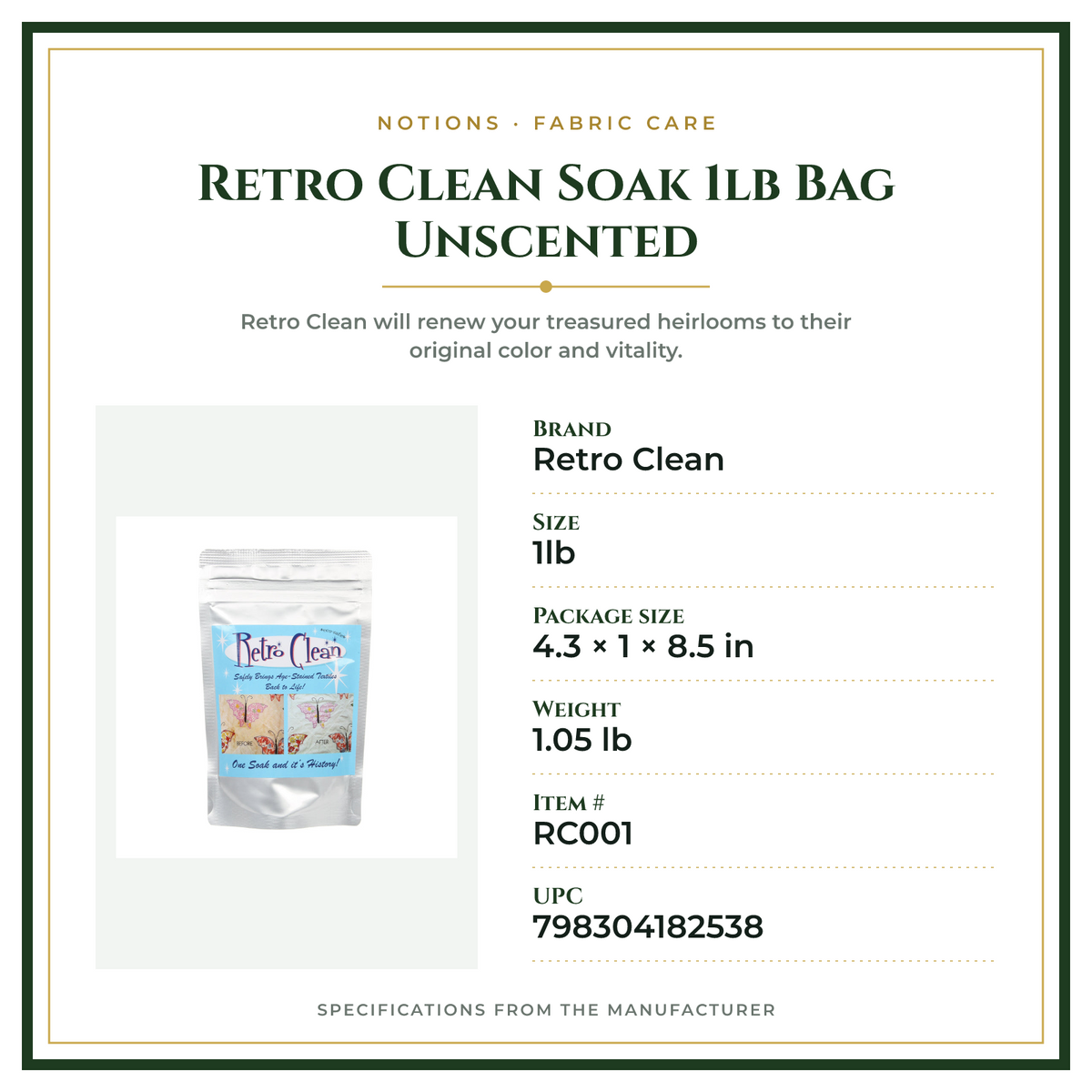 Product Specifications – Retro Clean Soak 1lb Bag Unscented