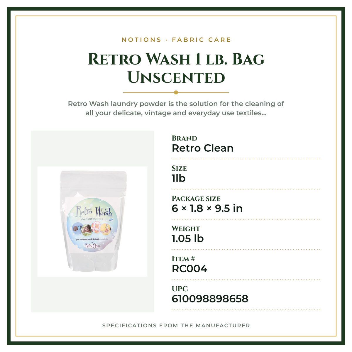 Product Specifications – Retro Wash 1 lb. Bag Unscented