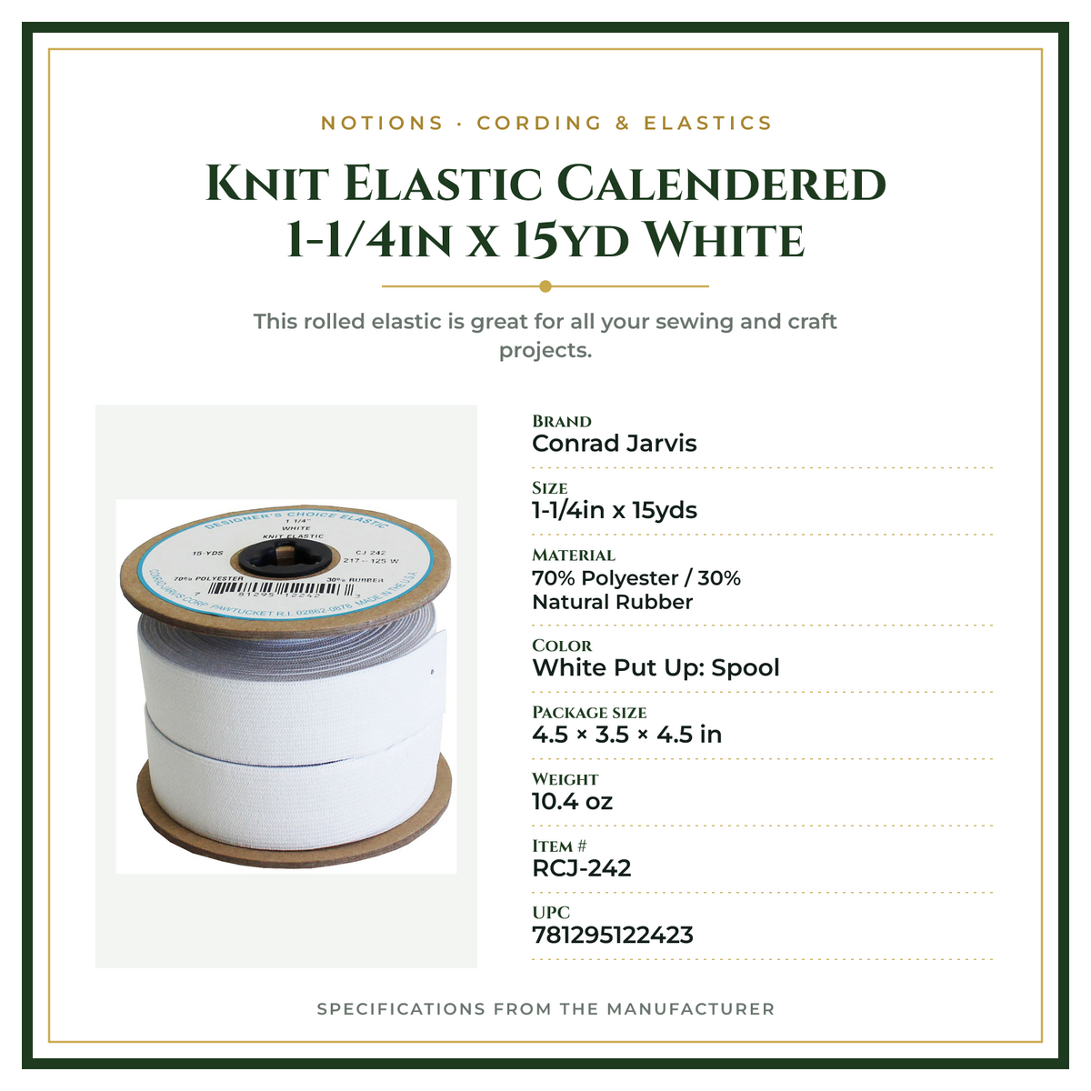 Product Specifications – Knit Elastic Calendered 1-1/4in x 15yd White