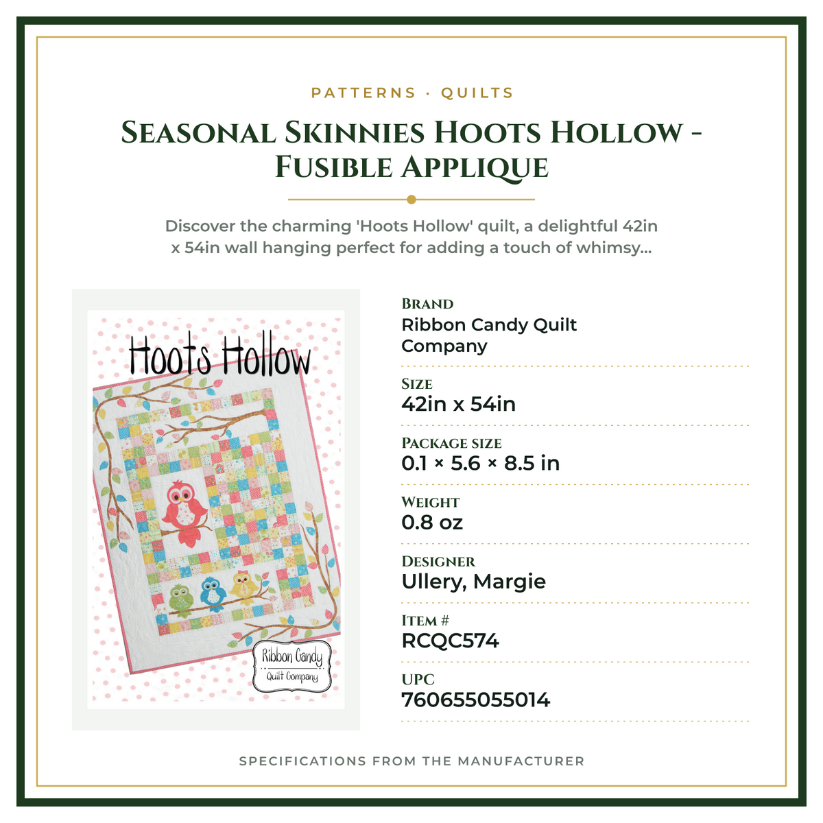 Product Specifications – Seasonal Skinnies Hoots Hollow - Fusible Applique