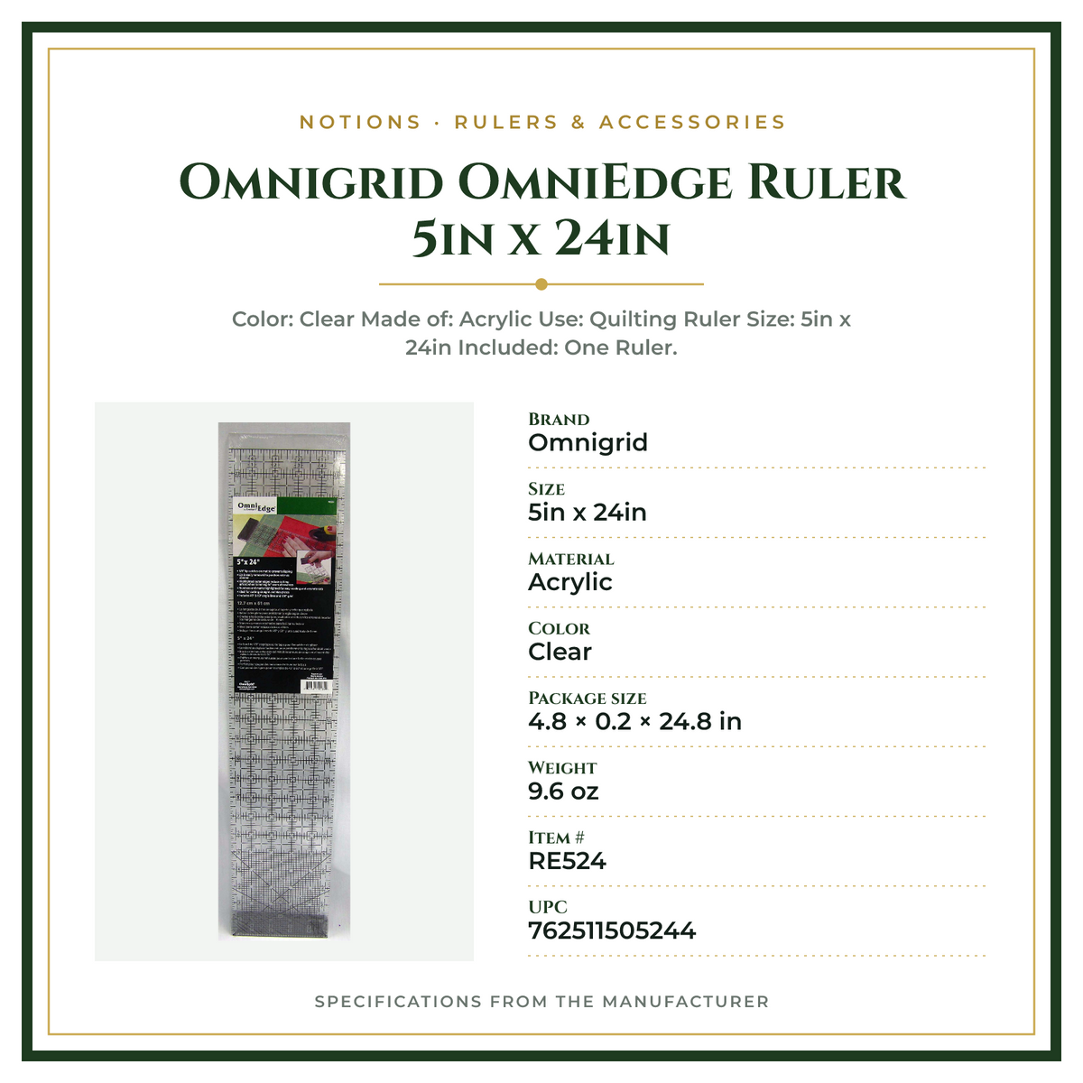 Product Specifications – Omnigrid OmniEdge Ruler 5in x 24in