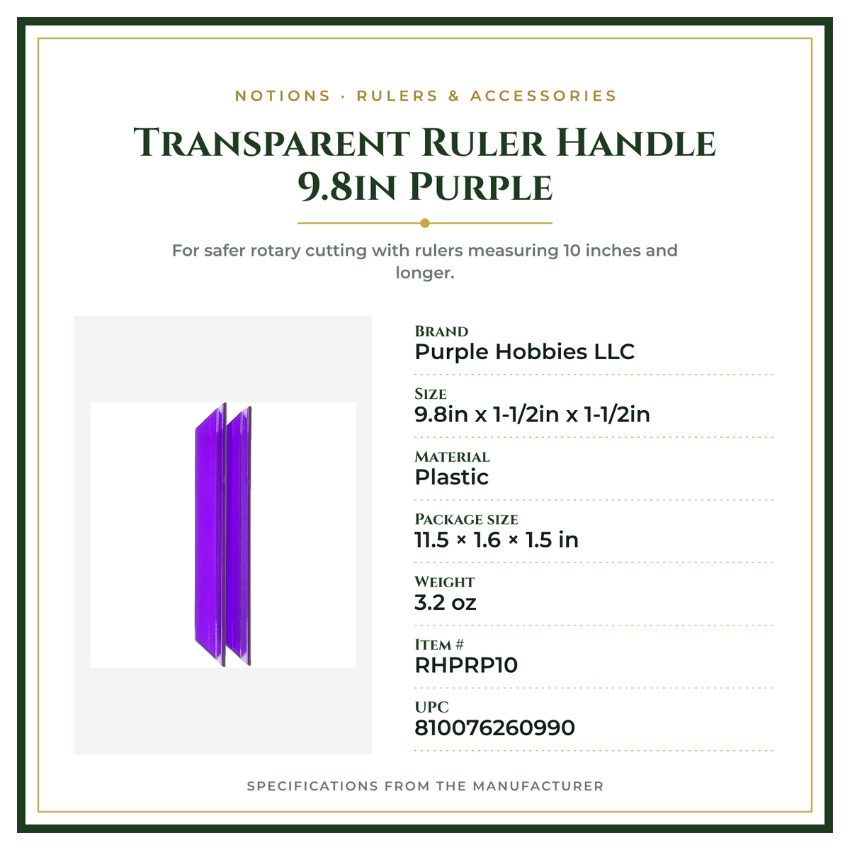 Product Specifications – Transparent Ruler Handle 9.8in Purple