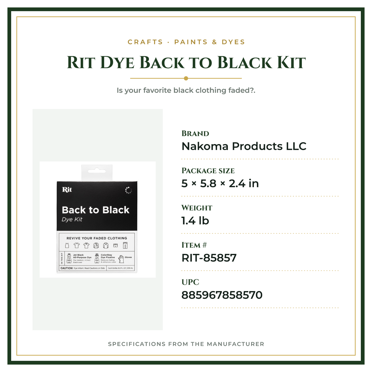 Product Specifications – Rit Dye Back to Black Kit