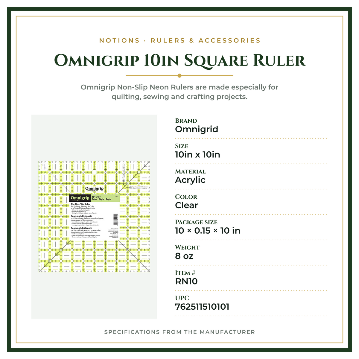 Product Specifications – Omnigrip 10in Square Ruler