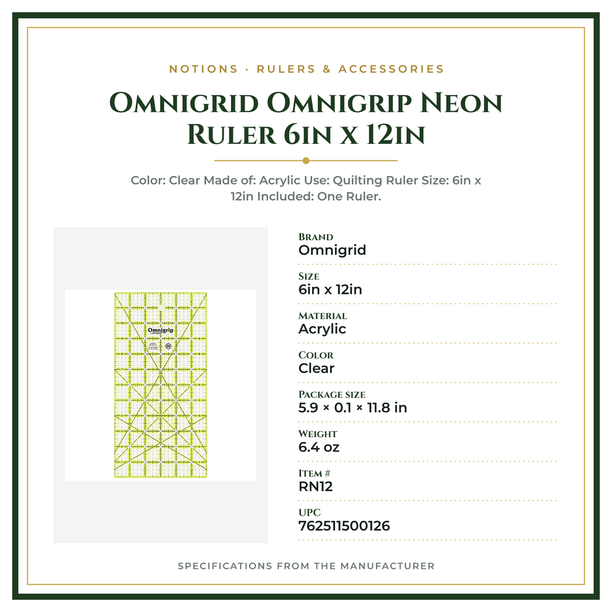 Product Specifications – Omnigrid Omnigrip Neon Ruler 6in x 12in