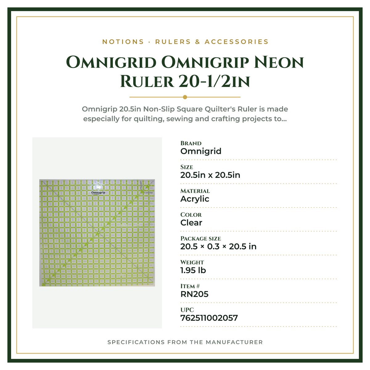 Product Specifications – Omnigrid Omnigrip Neon Ruler 20-1/2in