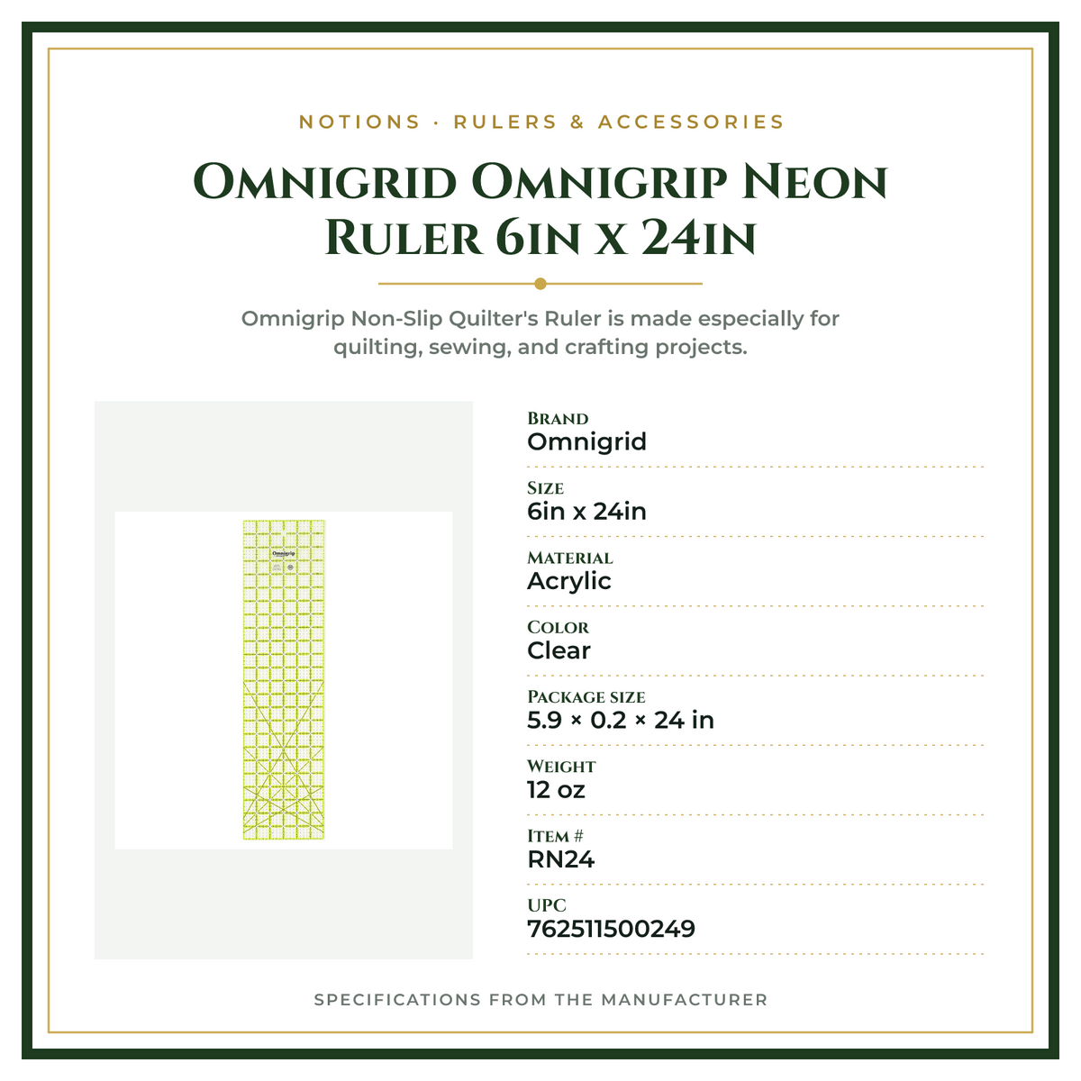 Product Specifications – Omnigrid Omnigrip Neon Ruler 6in x 24in