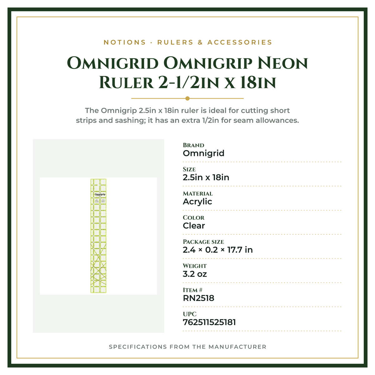 Product Specifications – Omnigrid Omnigrip Neon Ruler 2-1/2in x 18in