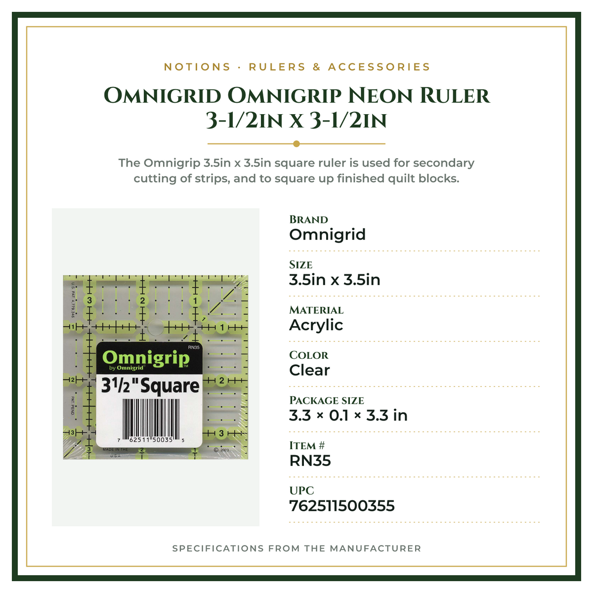 Product Specifications – Omnigrid Omnigrip Neon Ruler 3-1/2in x 3-1/2in