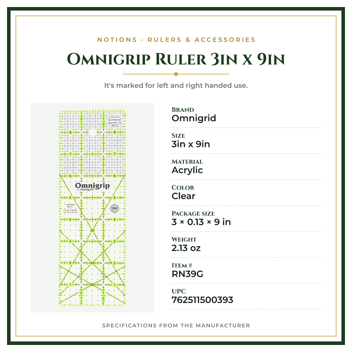Product Specifications – Omnigrip Ruler 3in x 9in