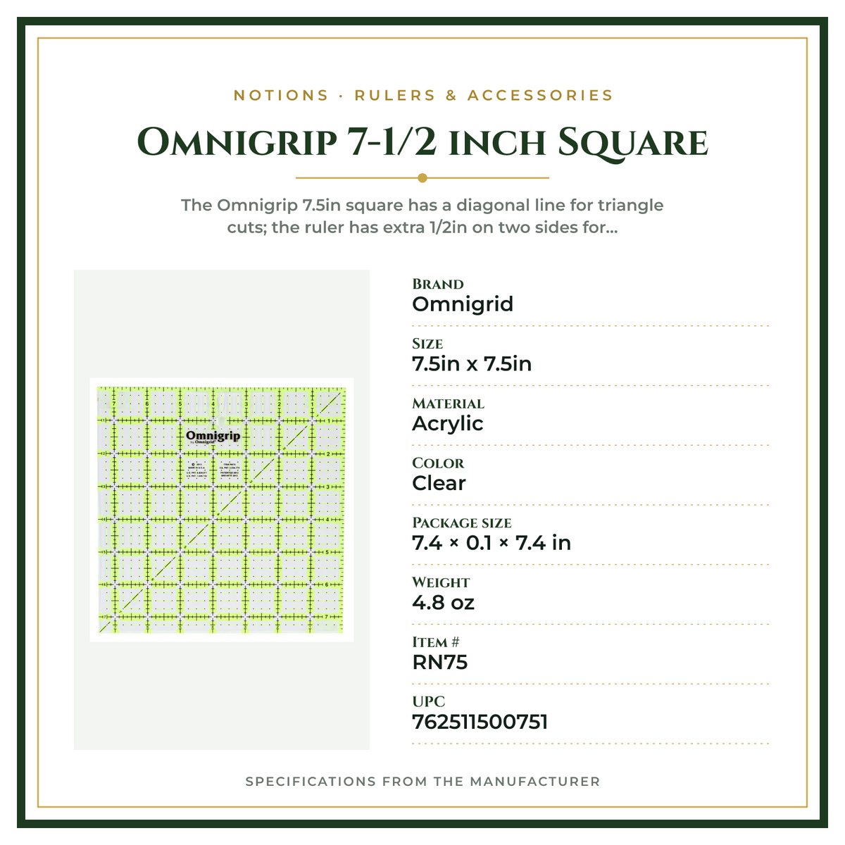 Product Specifications – Omnigrip 7-1/2 inch Square